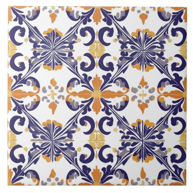 Azulejo Cerámico Azul, Dorado y Blanco (Frente)