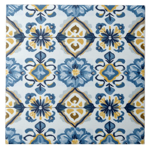 Azulejo Cerámico Azul Marino, Dorado y Azul
