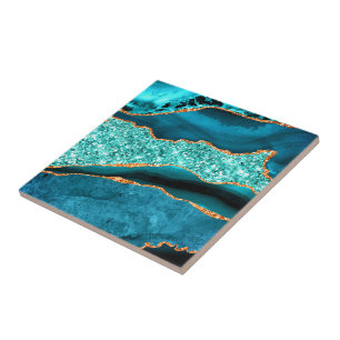 Azulejo Cerámico Azul Verde Teal Dorado Aguamarina