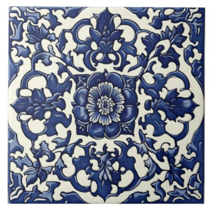 Azulejo Cerámico Azul y Blanco, Rosa, Estilo Chino