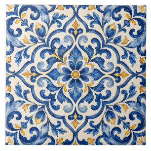 Azulejo Cerámico Azul y Dorado Mediterráneo