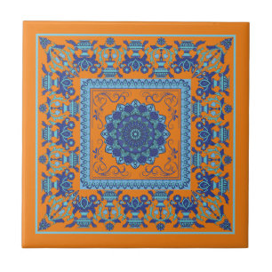 Azulejo Cerámico Azul y Naranja con Patrón Islámic