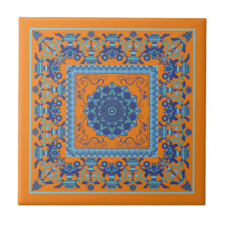 Azulejo Cerámico Azul y Naranja con Patrón Islámic