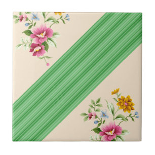 Azulejo Cerámico Beige Verde Raya Floral