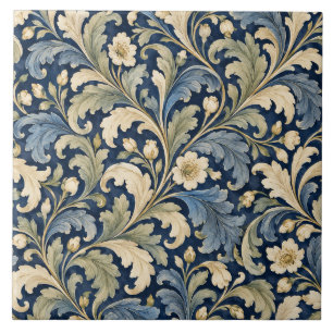 Azulejo Cerámico Botánico de Acanto Azul Marinho V