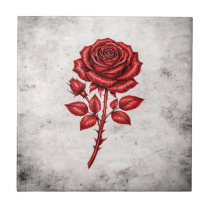 Azulejo Cerámico Botánico Vintage de Rosa Roja Ele