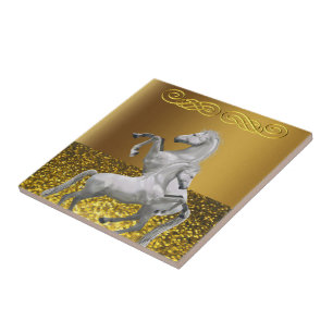 Azulejo Cerámico Caballo Blanco Dorado