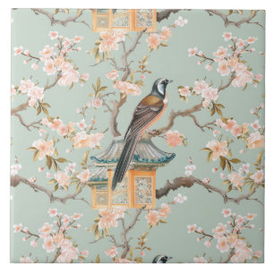 Azulejo Cerámico Chinoiserie Pájaro y Flor de Cere