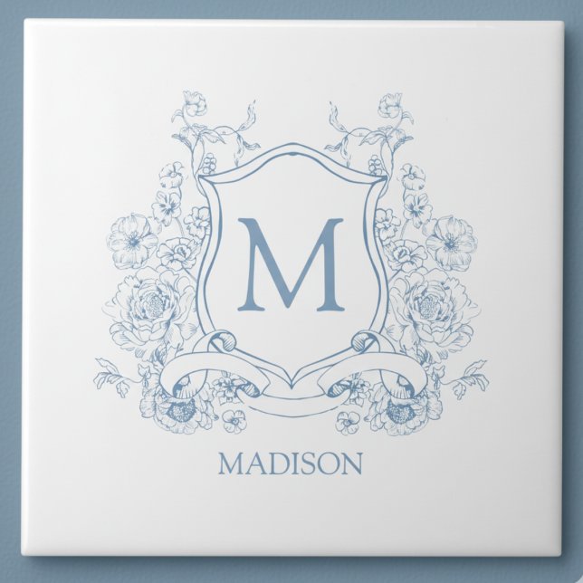 Azulejo Cerámico con Monograma de Cresta Familiar  (elegant french provincial blue white family crest monogram commemorative tile)