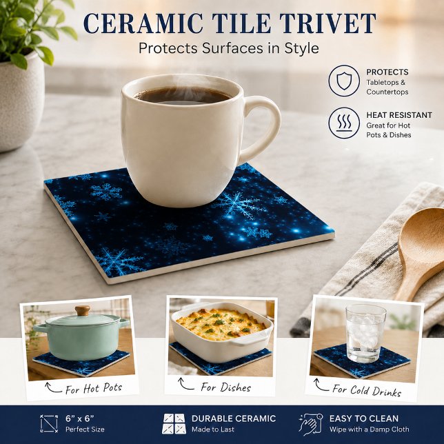 Azulejo Cerámico Copos de Nieve Profundo Azul y Br (Deep Blue & Bright Snowflakes Ceramic Tile)