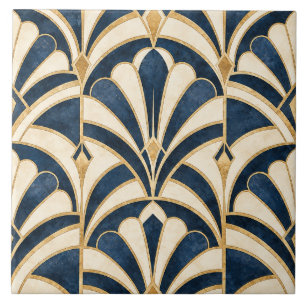Azulejo Cerámico de Abanico Art Déco Azul Marino y