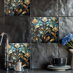 Azulejo Cerámico de Abanico Turquesa Negro Dorado 