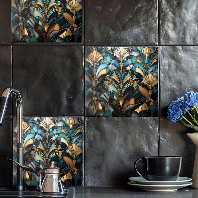 Azulejo Cerámico de Abanico Turquesa Negro Dorado  (Subido por el creador)