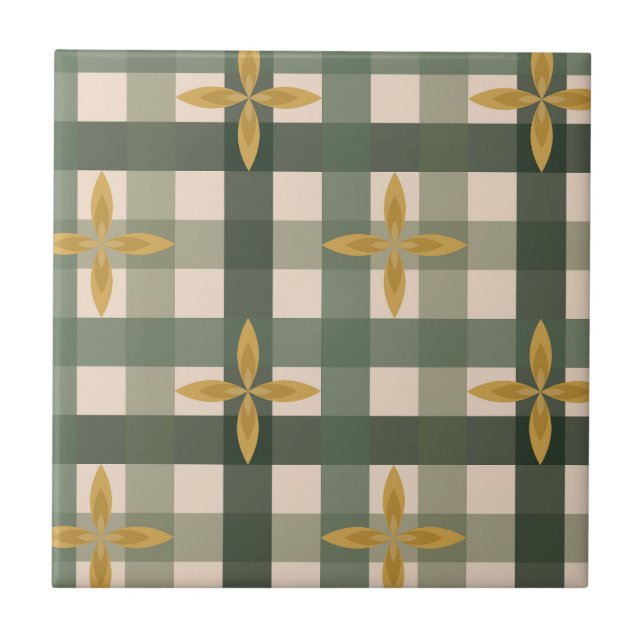Azulejo Cerámico de Cuadros Verdes y Hojas (Frente)