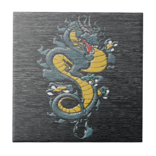 Azulejo Cerámico de Dragón Azul Japonés Mítico