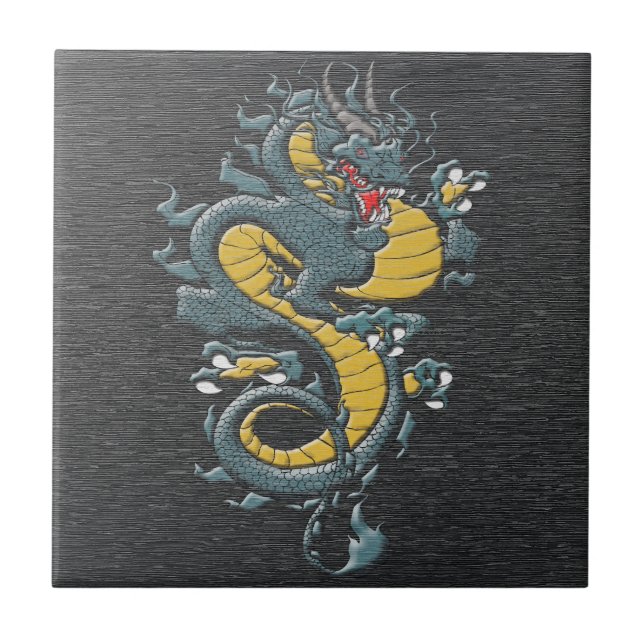 Azulejo Cerámico de Dragón Azul Japonés Mítico (Frente)