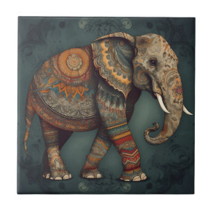 Azulejo Cerámico de Elefante Boho con Decoraciones