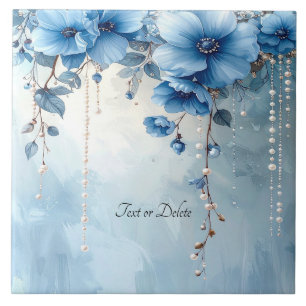 Azulejo Cerámico de Flores Azules y Perlas