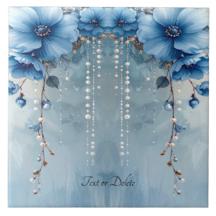 Azulejo Cerámico de Flores Azules y Perlas