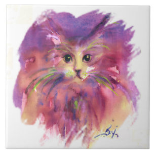AZULEJO CERÁMICO DE GATITO PURPURA, RETRATO DE GAT