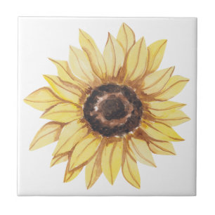 Azulejo Cerámico de Girasol con Acuarela Amarilla