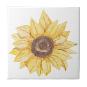 Azulejo Cerámico de Girasol con Acuarela Amarilla