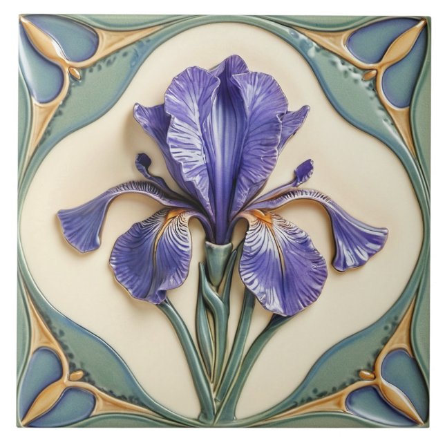 Azulejo Cerámico de Iris de estilo Art Nouveau. (Frente)