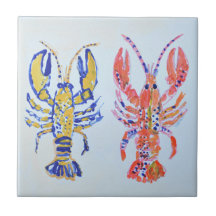 Azulejo Cerámico de Langosta Acuarela Costera