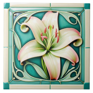 Azulejo cerámico de lirio estilo Art Nouveau.