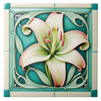Azulejo cerámico de lirio estilo Art Nouveau.