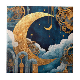 Azulejo Cerámico de Luna Steampunk con Acuarela