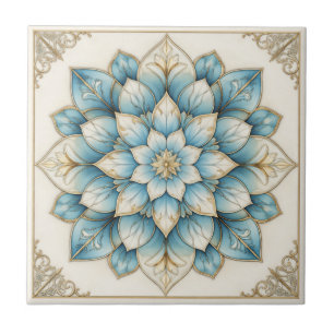Azulejo Cerámico de Mandala Floral Azul Elegante D