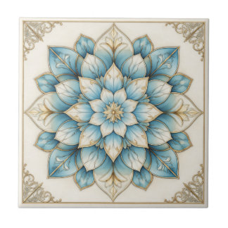 Azulejo Cerámico de Mandala Floral Azul Elegante D