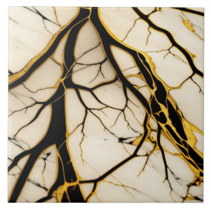 Azulejo Cerámico de Mármol Blanco Negro Dorado