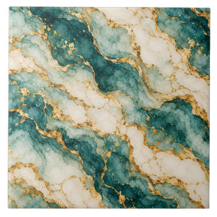 Azulejo Cerámico de Mármol de Ágata Dorada y Verde