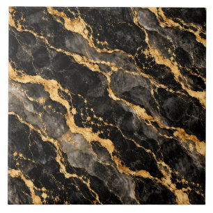 Azulejo Cerámico de Mármol Negro y Dorado de Lujo