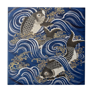 Azulejo Cerámico de Olas de Carpas Koi Japonesas V