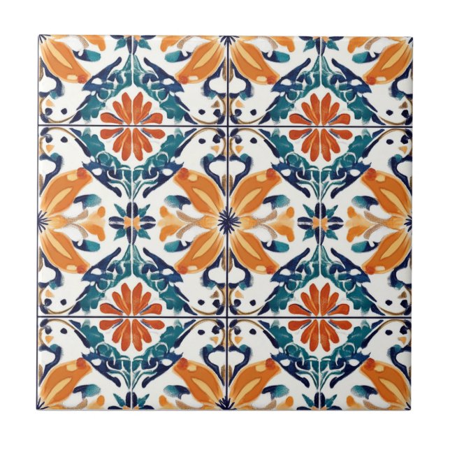 Azulejo Cerámico de Patrón Azul Naranja y Amarillo (Frente)
