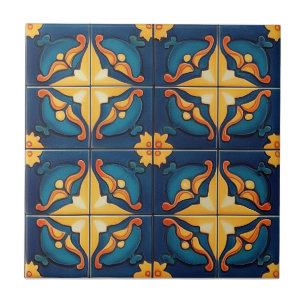 Azulejo Cerámico de Patrón Azul Naranja y Amarillo