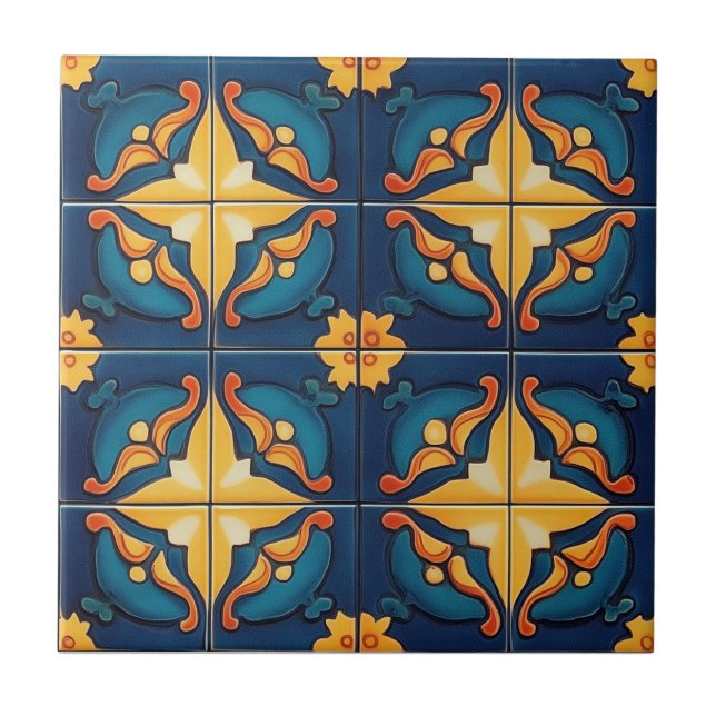 Azulejo Cerámico de Patrón Azul Naranja y Amarillo (Frente)