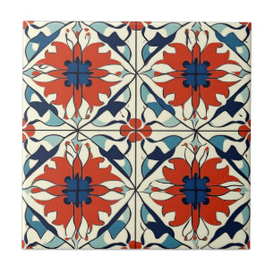Azulejo Cerámico de Patrón Rojo Azul y Blanco Desv