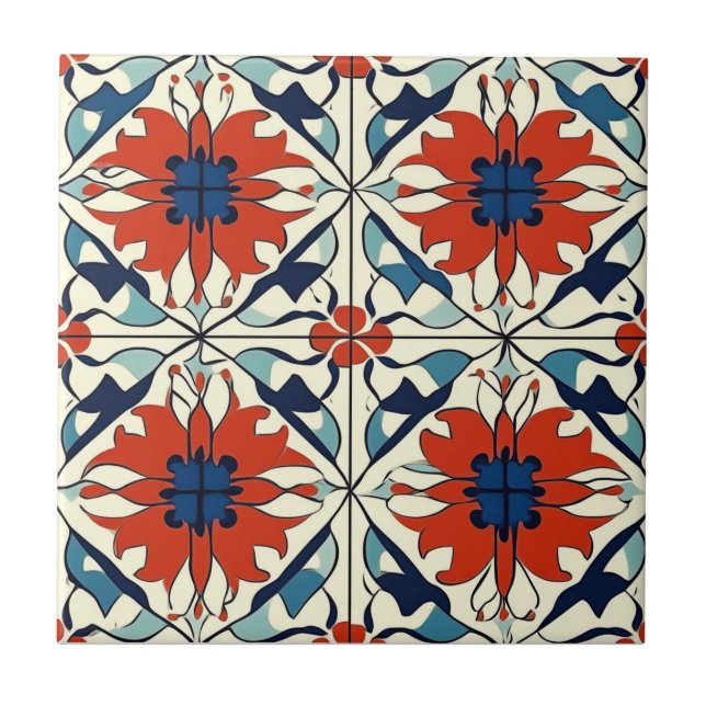 Azulejo Cerámico de Patrón Rojo Azul y Blanco Desv (Frente)