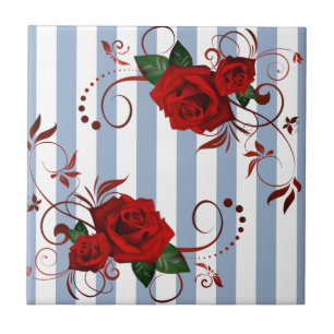 Azulejo Cerámico de Raya Azul y Blanco Floral Rosa