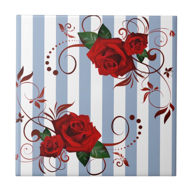 Azulejo Cerámico de Raya Azul y Blanco Floral Rosa (Frente)