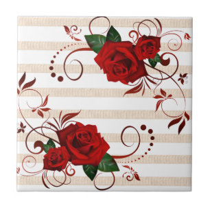 Azulejo Cerámico de Raya Beige Floral Rosa Roja