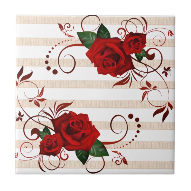 Azulejo Cerámico de Raya Beige Floral Rosa Roja (Frente)