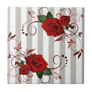 Azulejo Cerámico de Raya Gris y Blanca Flor Rosa R