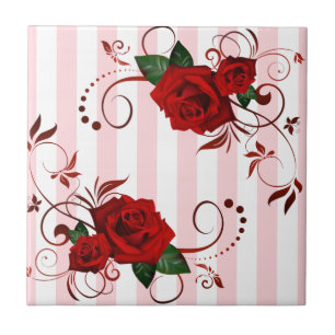 Azulejo Cerámico de Rayas Rosas y Blancas Flor Ros