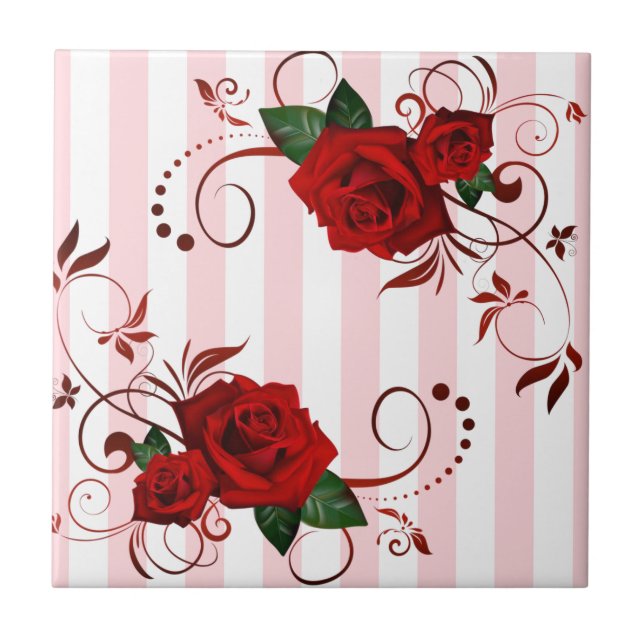 Azulejo Cerámico de Rayas Rosas y Blancas Flor Ros (Frente)