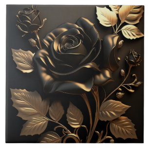 Azulejo Cerámico de Rosa Negra y Dorada de Lujo